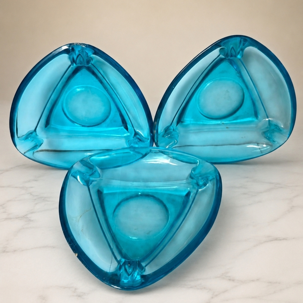 Hazel Atlas Capri Aqua Blue Ashtray Set Vintage 1960s
